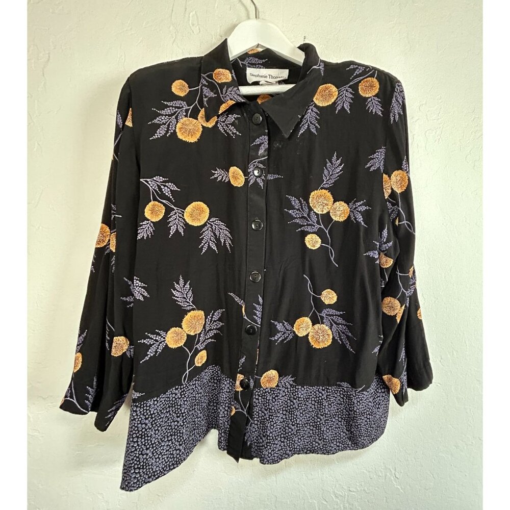 Vintage Stephanie Thomas Black Button-Up Blouse Top Size 20 Floral Polka Dot Hem